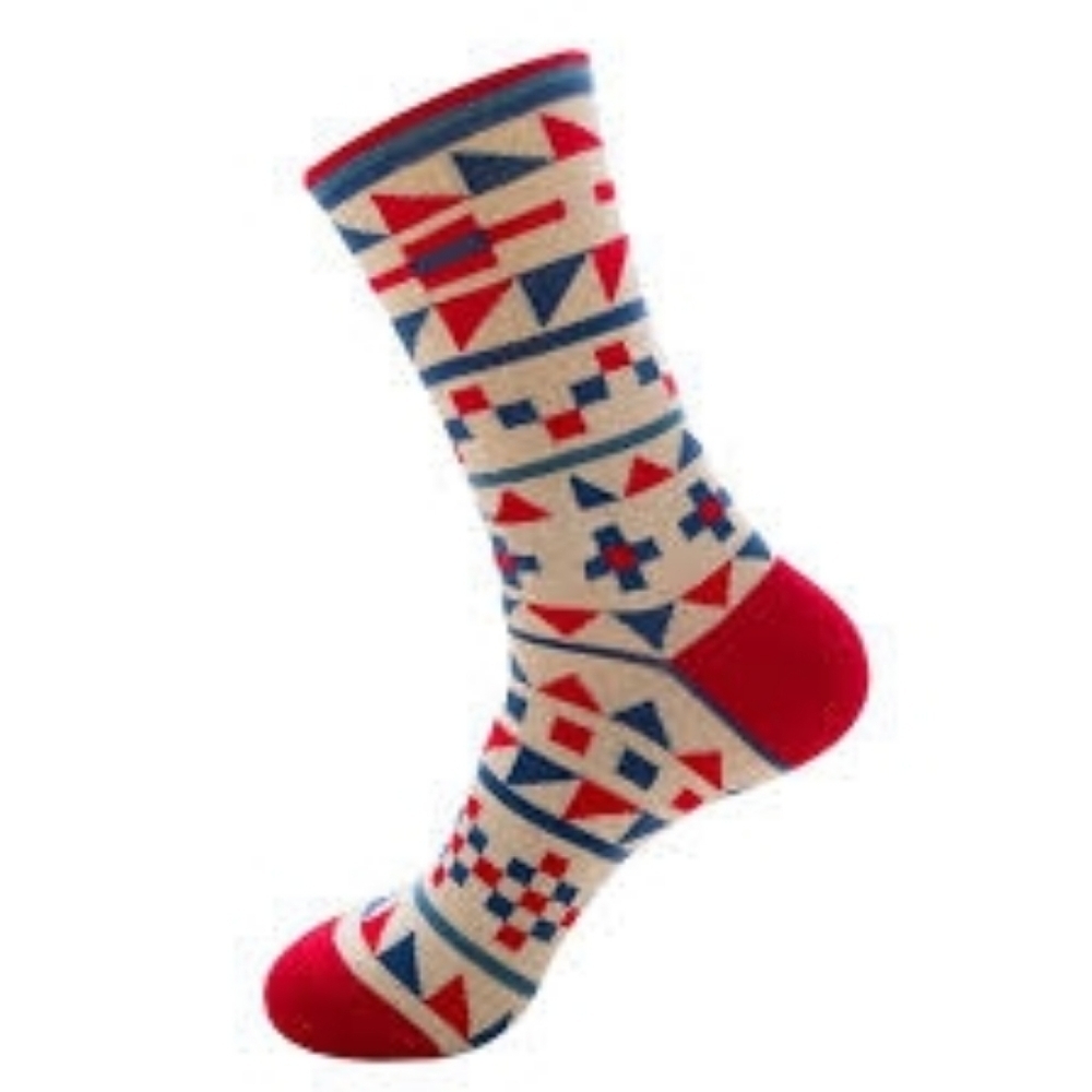 Trendy Geometric Men's Socks - Red, Blue, and Cream
